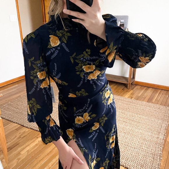 Reformation Dresses & Skirts - Reformation Galena Navy Floral Long Sleeve Slit Front Formal Maxi Dress 2 NWT